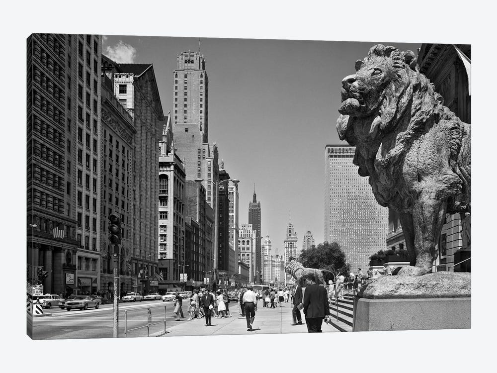 1960s People Pedestrians Street Scene Looking North Past Art Institute Lions Chicago Il USA by Vintage Images 1-piece Canvas Art