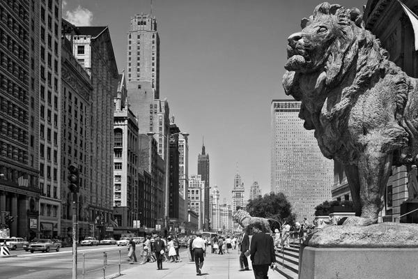 Sculptures & Statues: 1960s People Pedestrians Street Scene Looking North Past Art Institute Lions Chicago Il USA by Vintage Images