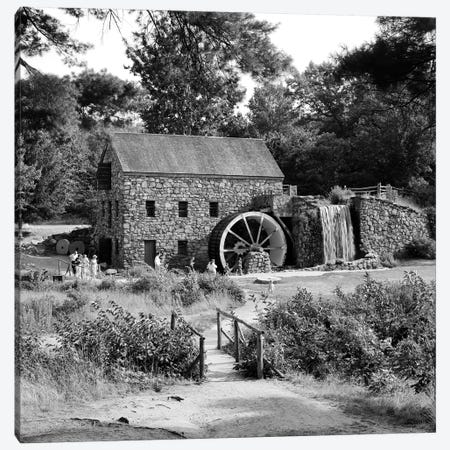 1960s People Tourists Visiting Rustic Grist Mill With Stone Structure Waterfall And Waterwheel Sudbury Massachusetts USA Canvas Print #VTG451} by Vintage Images Canvas Print