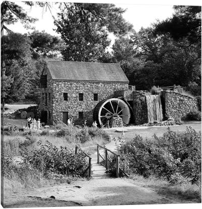 1960s People Tourists Visiting Rustic Grist Mill With Stone Structure Waterfall And Waterwheel Sudbury Massachusetts USA Canvas Art Print - Watermill & Windmill Art