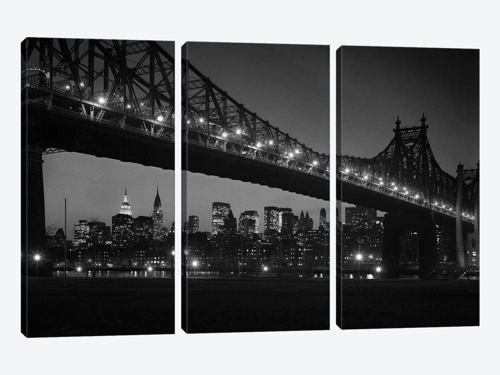 1960s Queensboro Bridge And Manhattan Skyline At Night New York City NY USA by Vintage Images 3-piece Canvas Art Print