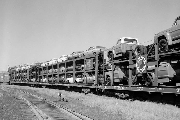 1960s Railroad Freight Train Carrying Automobiles And Pickup Trucks