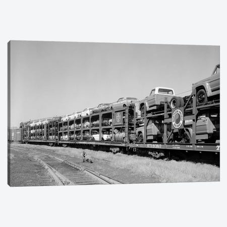 1960s Railroad Freight Train Carrying Automobiles And Pickup Trucks Canvas Print #VTG454} by Vintage Images Canvas Artwork