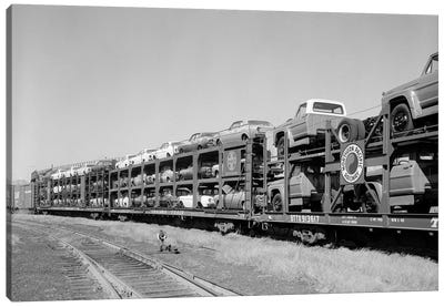 1960s Railroad Freight Train Carrying Automobiles And Pickup Trucks Canvas Art Print - Railroads