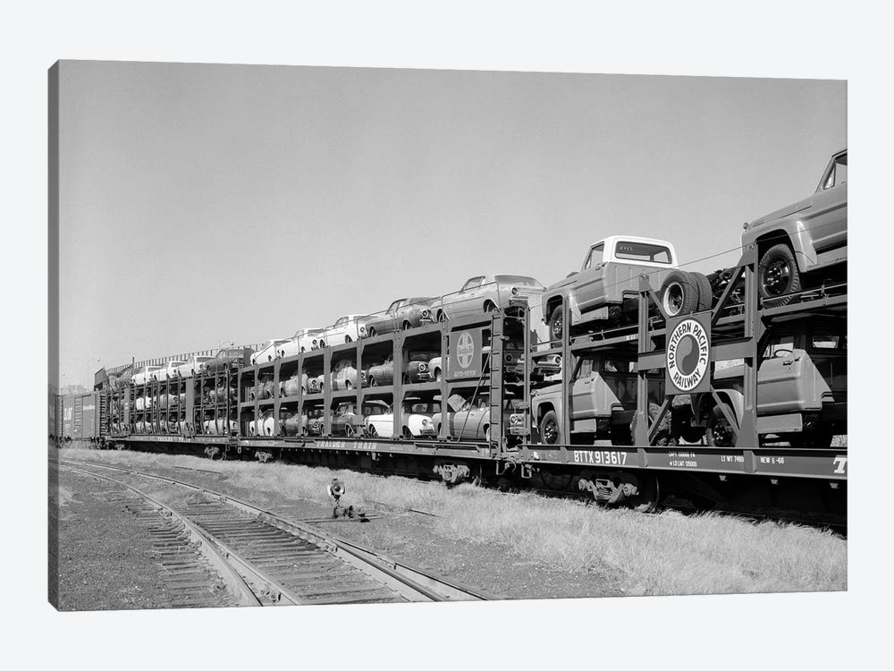 1960s Railroad Freight Train Carrying Automobiles And Pickup Trucks by Vintage Images 1-piece Canvas Wall Art