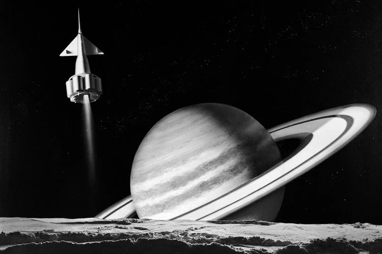 1960s Space Rocket Flying Past Saturn With Surface Of Another Planet In Foreground