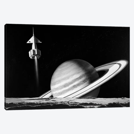 1960s Space Rocket Flying Past Saturn With Surface Of Another Planet In Foreground Canvas Print #VTG460} by Vintage Images Canvas Wall Art