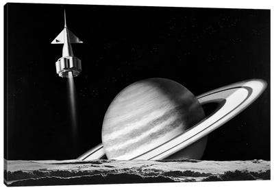1960s Space Rocket Flying Past Saturn With Surface Of Another Planet In Foreground Canvas Art Print - Astronomy & Space Art