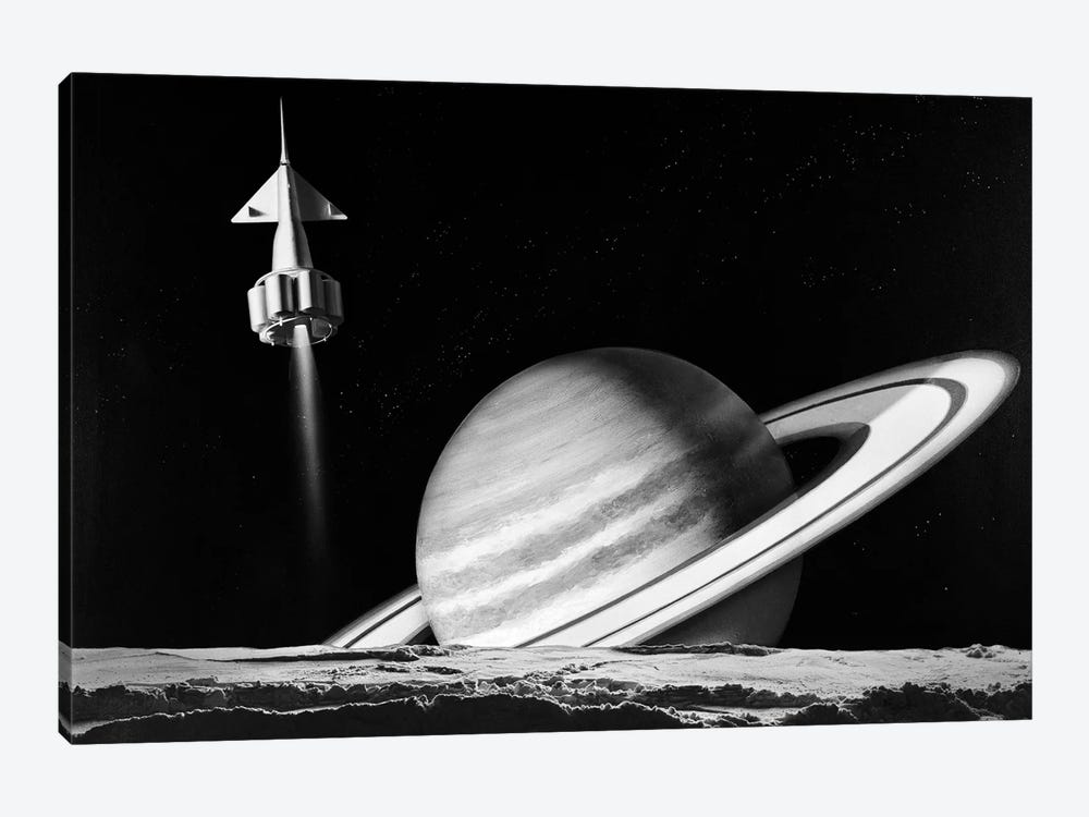 1960s Space Rocket Flying Past Saturn With Surface Of Another Planet In Foreground by Vintage Images 1-piece Art Print