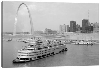 1960s St. Louis Missouri Gateway Arch Skyline Mississippi River SS Admiral Casino And Other Riverboats Canvas Art Print - Famous Monuments & Sculptures