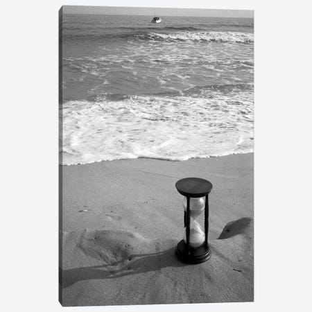1960s Still Life Of Hourglass At Edge Of Beach Sand With Waves Washing Up On Shore And Power Boat Passing Offshore Tempus Fugit Canvas Print #VTG463} by Vintage Images Canvas Wall Art