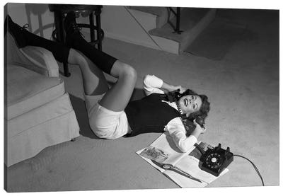 1960s Teenage Girl Lying On Floor Wear Shorts Knee Socks Reading Magazine Talking On Telephone Looking At Camera Canvas Art Print - Vintage Images
