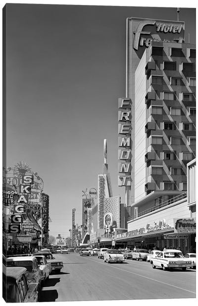 1960s View Down Freemont Street Downtown Las Vegas Nevada USA Canvas Art Print - Black & White Photography