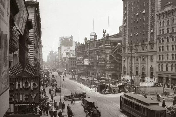 Manhattan: 1920s Overhead Sixth Avenue Hippodrome Theater Car & Pedestrian Traffic Workers Digging Subway New York City NY USA by Vintage Images