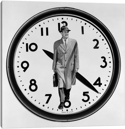 1960s-1950s Montage Business Man On Clock Face Canvas Art Print