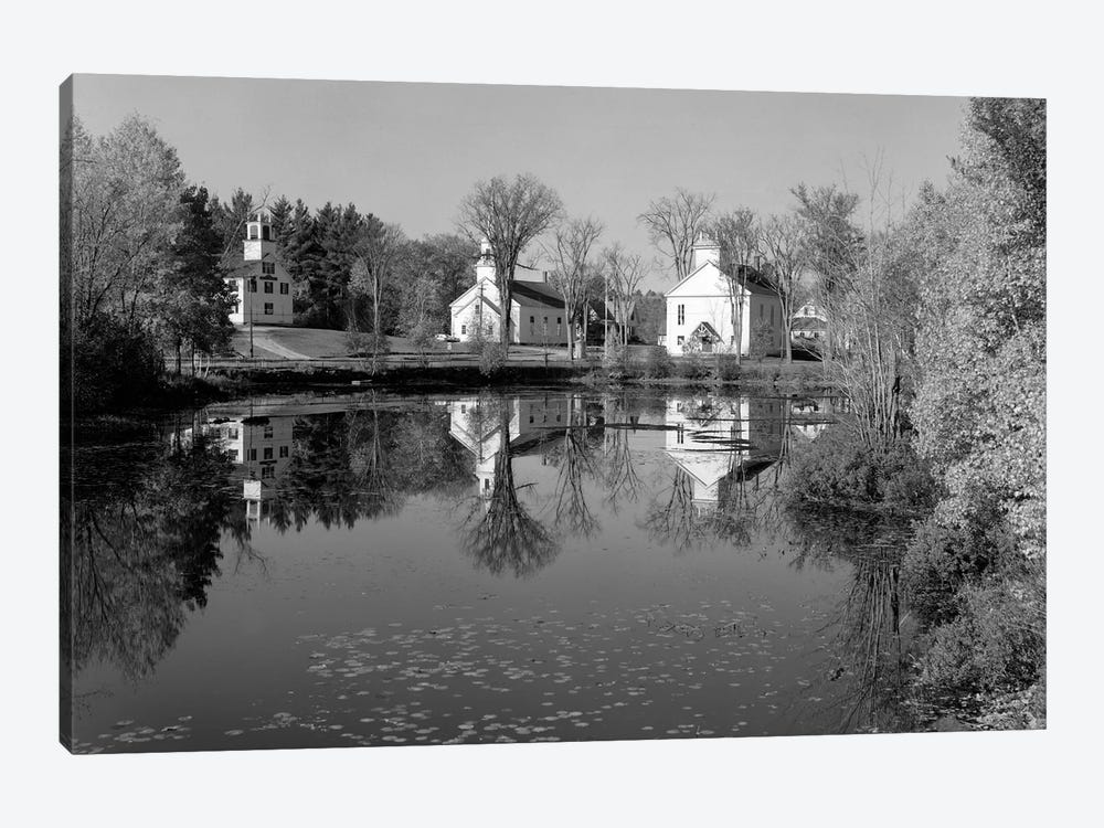 1960s-1950s Small Town White Public Buildings Around Lake Spring Church School Town Hall Washington NH USA by Vintage Images 1-piece Canvas Artwork