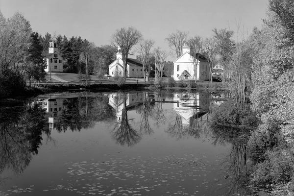 New Hampshire: 1960s-1950s Small Town White Public Buildings Around Lake Spring Church School Town Hall Washington NH USA by Vintage Images
