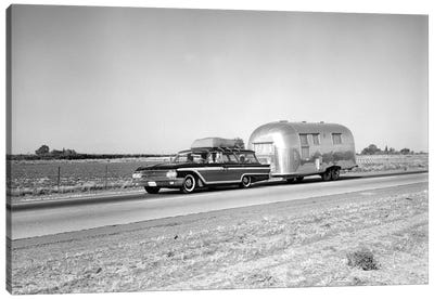 1960s-1970s Family Station Wagon And Camping Trailer Driving On Country Highway On Vacation Canvas Art Print - Camping Art