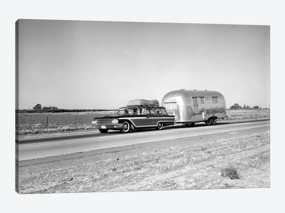 1960s-1970s Family Station Wagon And Camping Trailer Driving On Country Highway On Vacation by Vintage Images 1-piece Canvas Wall Art