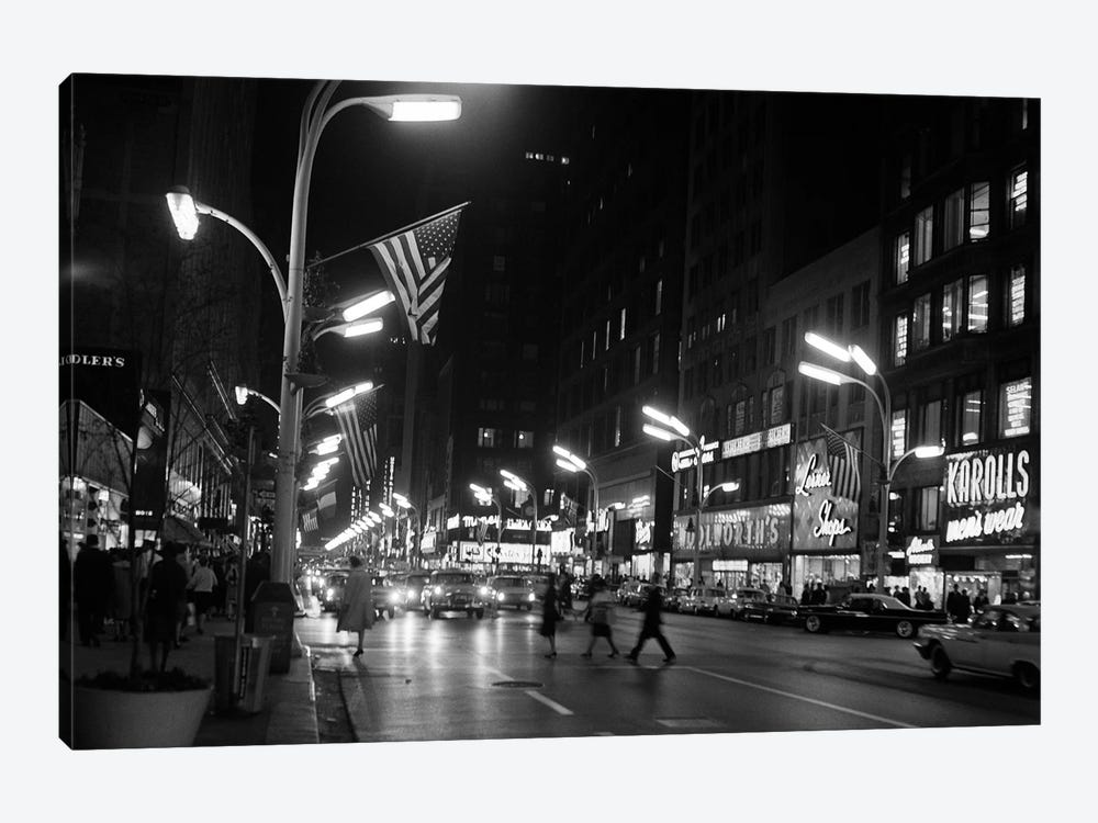 1963 Night Scene Of Busy Traffic On State Street Chicago Illinois USA by Vintage Images 1-piece Art Print