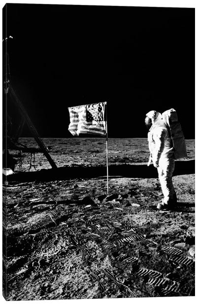 1969 Astronaut Us Flag And Leg Of Lunar Lander On The Surface Of The Moon Canvas Art Print - Astronaut Art