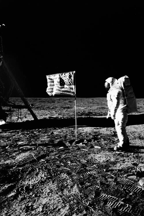 1969 Astronaut Us Flag And Leg Of Lunar Lander On The Surface Of The Moon