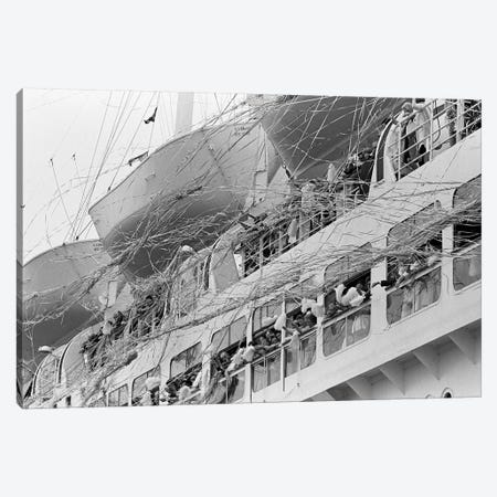 1970s Crowd Gathered On 2 Levels Of Deck Of Large Departing Cruise Ship Waving Pompoms With Paper Streamers Blowing Canvas Print #VTG481} by Vintage Images Canvas Wall Art