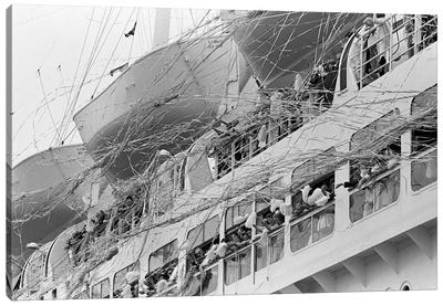 1970s Crowd Gathered On 2 Levels Of Deck Of Large Departing Cruise Ship Waving Pompoms With Paper Streamers Blowing Canvas Art Print - Cruise Ship Art