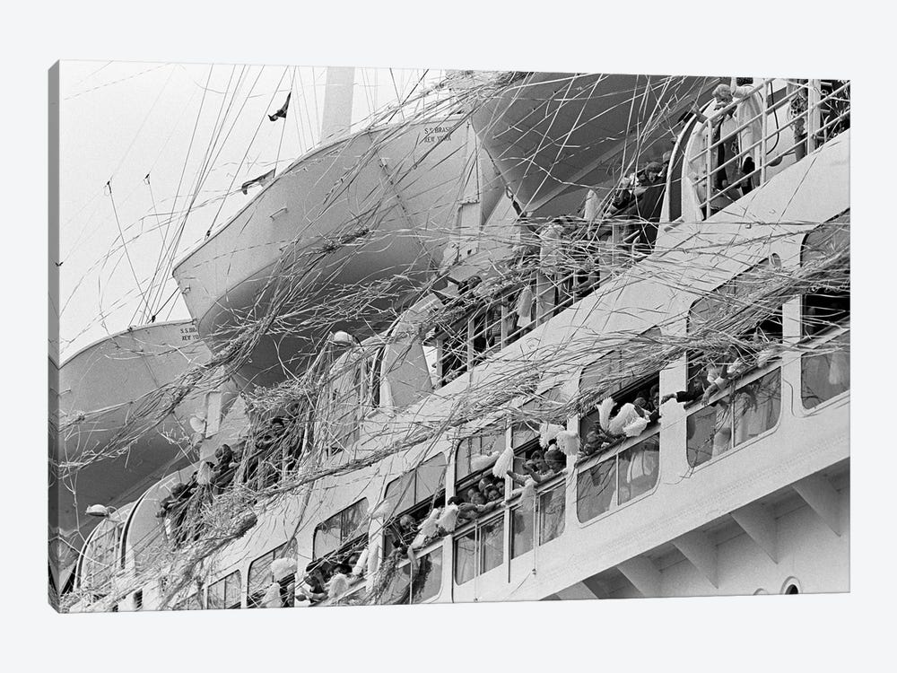 1970s Crowd Gathered On 2 Levels Of Deck Of Large Departing Cruise Ship Waving Pompoms With Paper Streamers Blowing by Vintage Images 1-piece Canvas Art