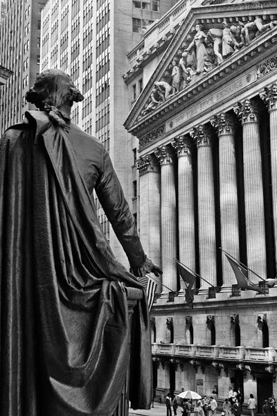 Columns: 1970s New York City Stock Exchange On Wall Street From Federal Hall Behind George Washington Statue by Vintage Images
