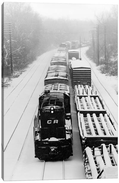 1970s Pair Of Freight Trains Traveling On Snow Covered Railroad Tracks Canvas Art Print - Train Art