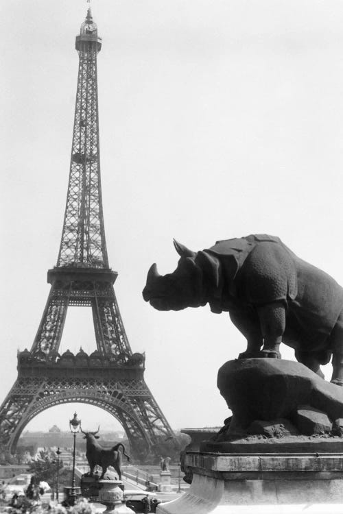 1920s Rhinoceros Statue In Foreground Eiffel Tower In Background Paris France