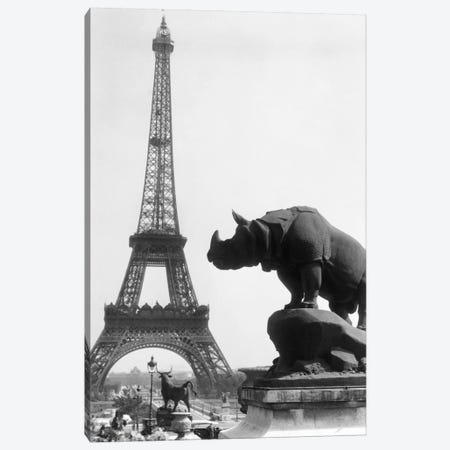 1920s Rhinoceros Statue In Foreground Eiffel Tower In Background Paris France Canvas Print #VTG48} by Vintage Images Canvas Art