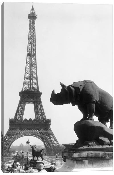 1920s Rhinoceros Statue In Foreground Eiffel Tower In Background Paris France Canvas Art Print - Rhinoceros Art