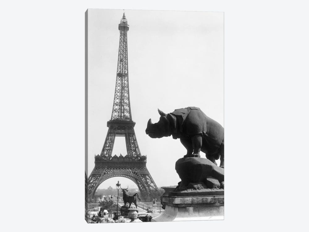 1920s Rhinoceros Statue In Foreground Eiffel Tower In Background Paris France by Vintage Images 1-piece Canvas Wall Art