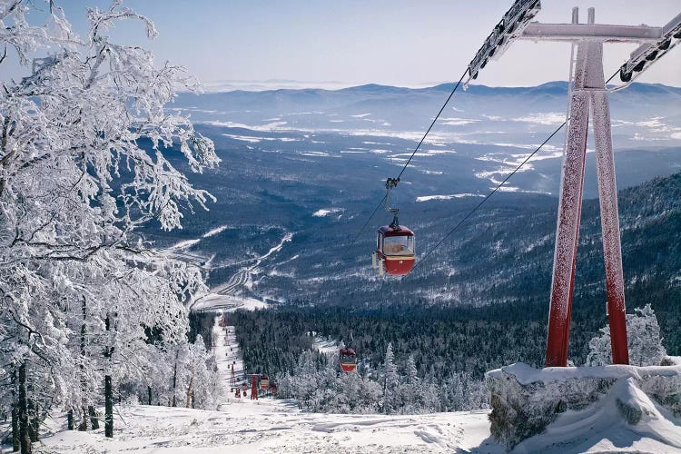 1970s Scenic From Top Of Mountain Ski Slope Looking Down Into Valley Ski Lift Red Cars Snow Vista