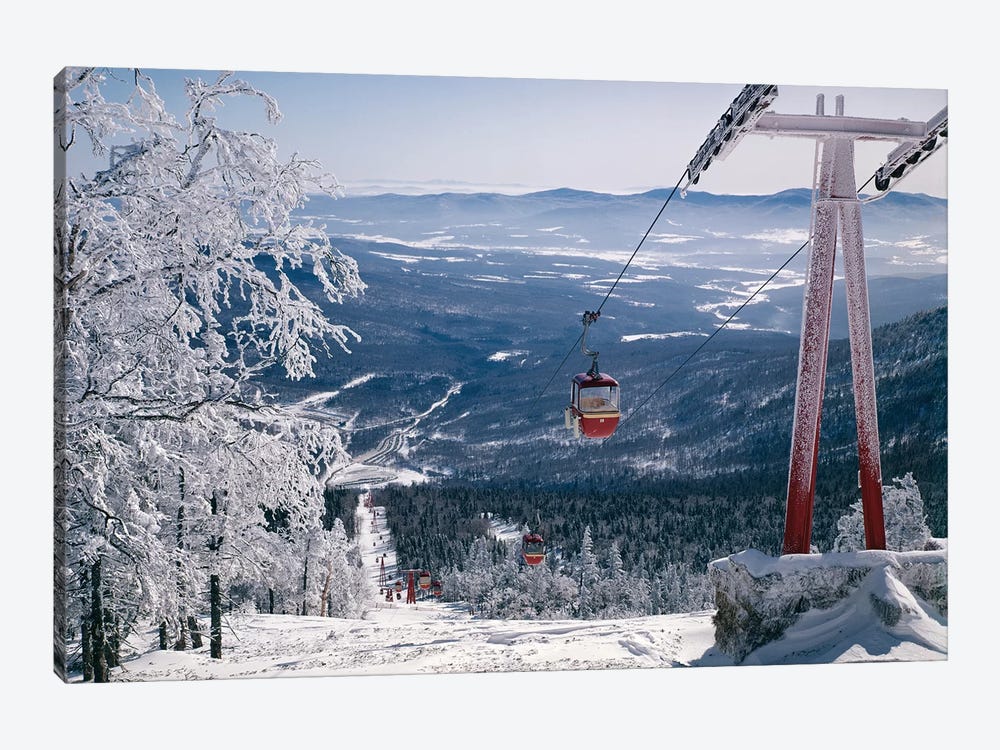 1970s Scenic From Top Of Mountain Ski Slope Looking Down Into Valley Ski Lift Red Cars Snow Vista by Vintage Images 1-piece Canvas Art