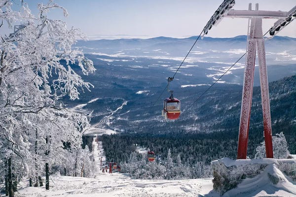 Vintage & Retro Photography: 1970s Scenic From Top Of Mountain Ski Slope Looking Down Into Valley Ski Lift Red Cars Snow Vista by Vintage Images