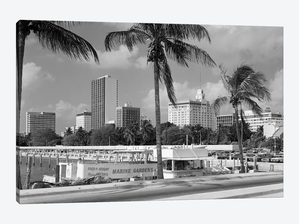 1970s Sightseeing Boat At Pier Day Light Skyline Palm Trees Miami Florida USA by Vintage Images 1-piece Canvas Print