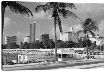 1970s Sightseeing Boat At Pier Day Light Skyline Palm Trees Miami Florida USA Canvas Art Print - Miami Art