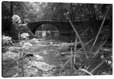 1970s Stream With Stone Bridge In Wooded Area Canvas Art Print - River, Creek & Stream Art