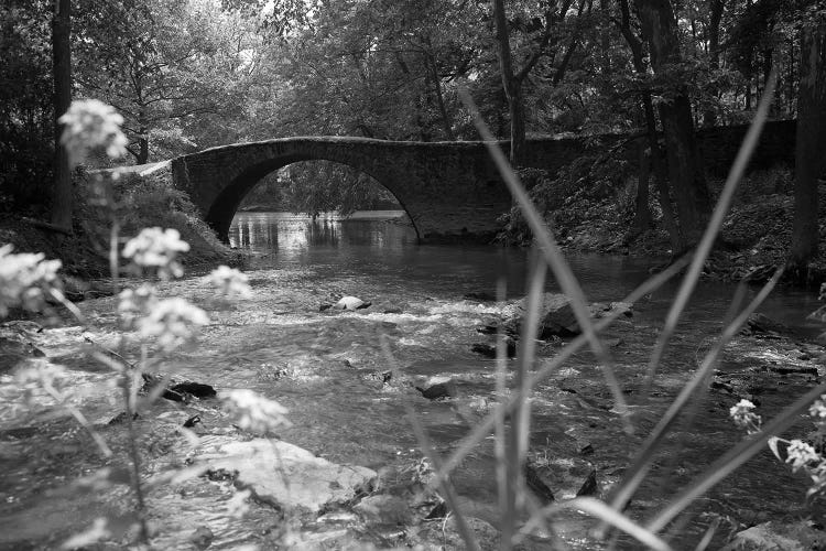 1970s Stream With Stone Bridge In Wooded Area