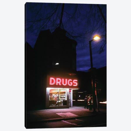 1980s 24 Hour Drug Store At Night Pink Neon Sign Drugs Canvas Print #VTG498} by Vintage Images Art Print