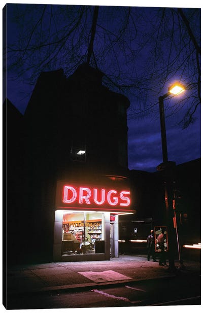 1980s 24 Hour Drug Store At Night Pink Neon Sign Drugs Canvas Art Print - The 80's
