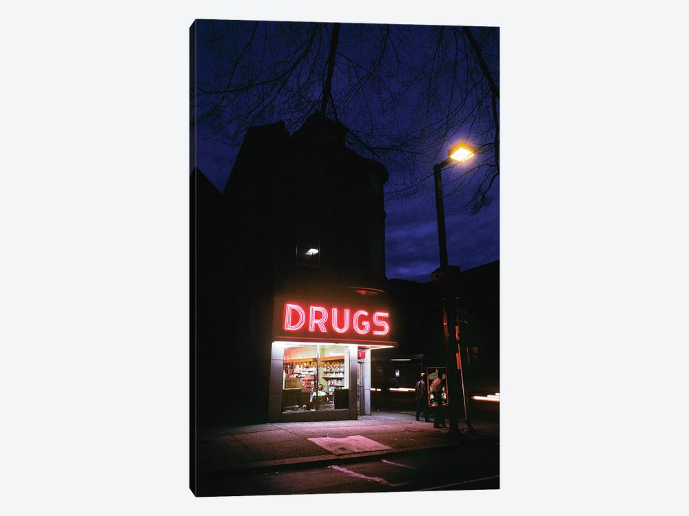 1980s 24 Hour Drug Store At Night Pink Neon Sign Drugs by Vintage Images 1-piece Canvas Wall Art