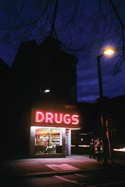The Eighties: 1980s 24 Hour Drug Store At Night Pink Neon Sign Drugs by Vintage Images