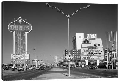 1980s Daytime The Strip With Signs For The Dunes MGM Flamingo Las Vegas Nevada USA Canvas Art Print - Gambling