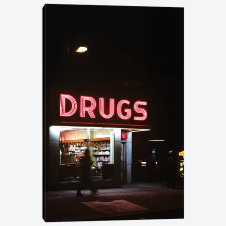 1980s Drug Store At Night Pink Neon Sign Drugs Canvas Print #VTG501} by Vintage Images Canvas Art Print