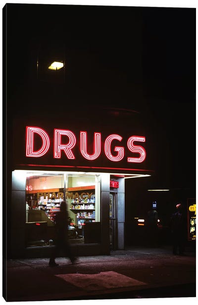 1980s Drug Store At Night Pink Neon Sign Drugs Canvas Art Print - Vintage Images
