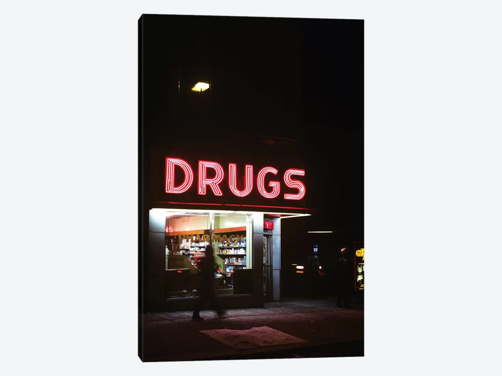 1980s Drug Store At Night Pink Neon Sign Drugs by Vintage Images 1-piece Canvas Print